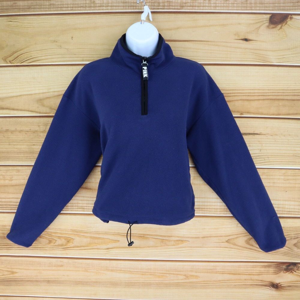 Victoria Secret PINK 1/4 Zip Fleece Pullover Cropped Womens Size M Blue Pockets